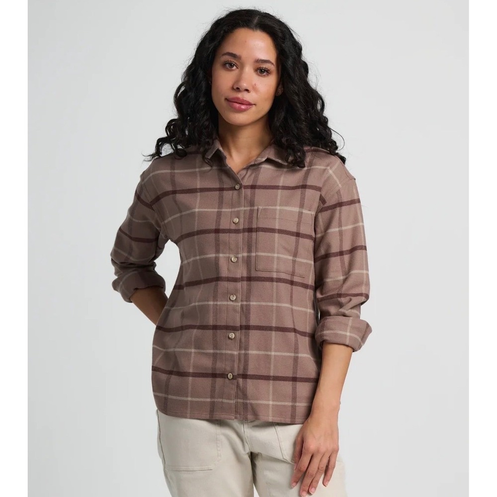 NWT* Free Fly Seawool Flannel Button Down Shirt Brown Plaid Small Gorpore Eco